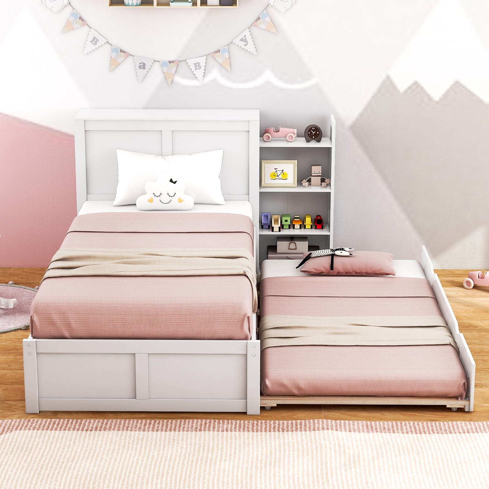 Twin Wood Daybed with Trundle with 2 Rolling Bookcases & High Headboard