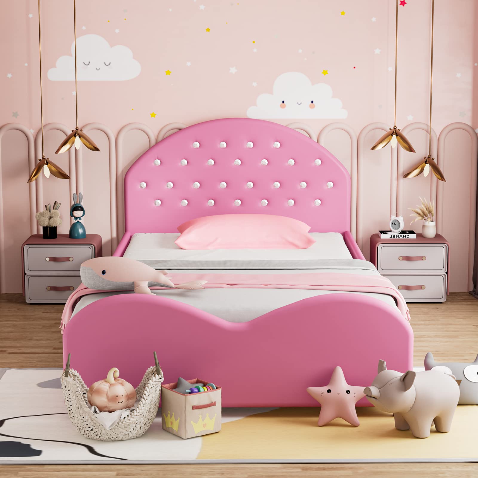 Kids Twin Bed Frame with Headboard, Toddler Upholstered Platform Bed with Slatted Bed Base