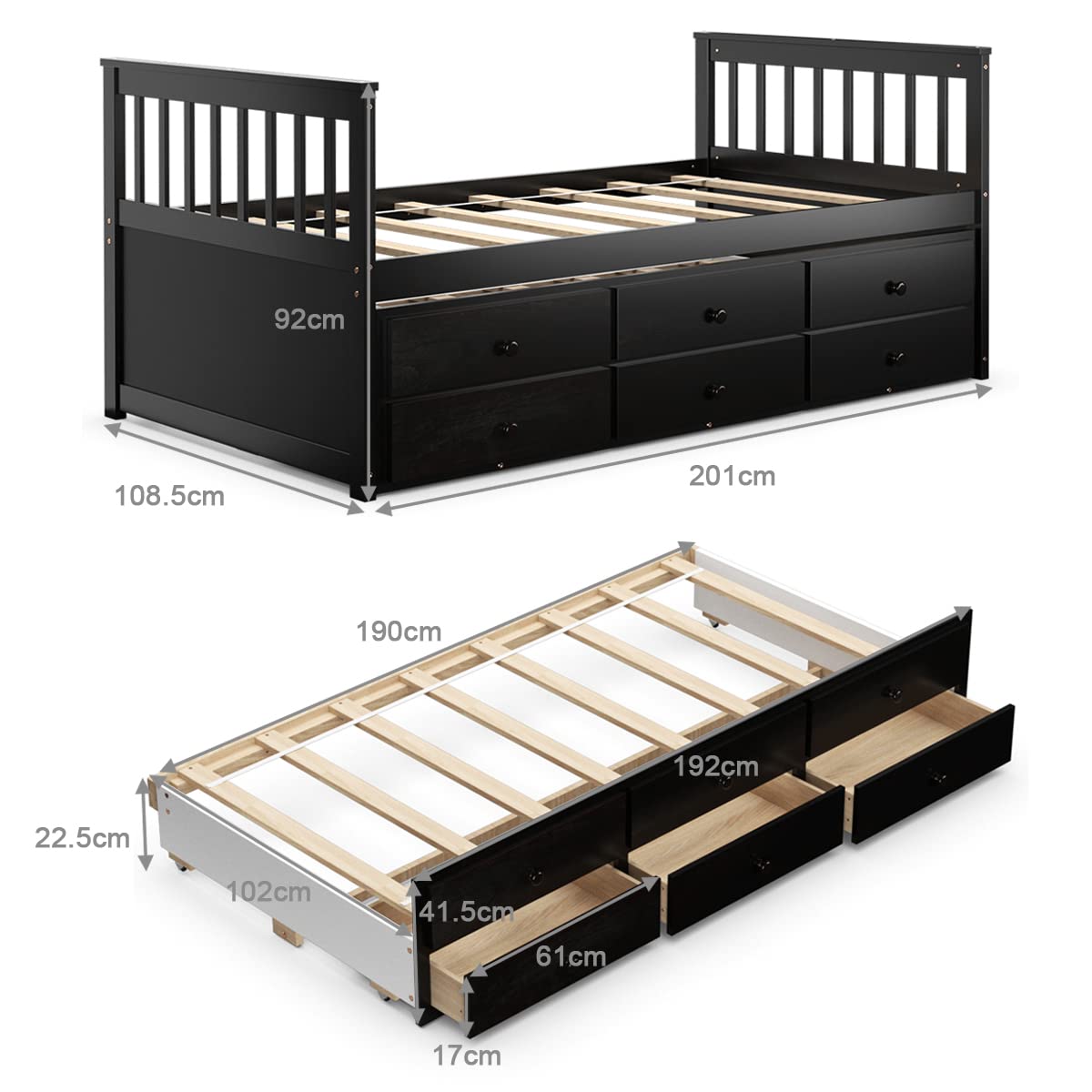 Twin Size Wooden Captain Daybed with Trundle and 3 Storage Drawers