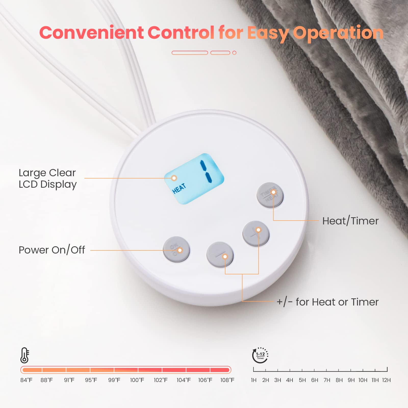 Heated Blanket Electric Blanket Twin Size 84&rsquo;&rsquo; x 62&rsquo;&rsquo; Heating Blanket with 10 Heating Levels & 12 Hour Selectable Auto Shut-Off