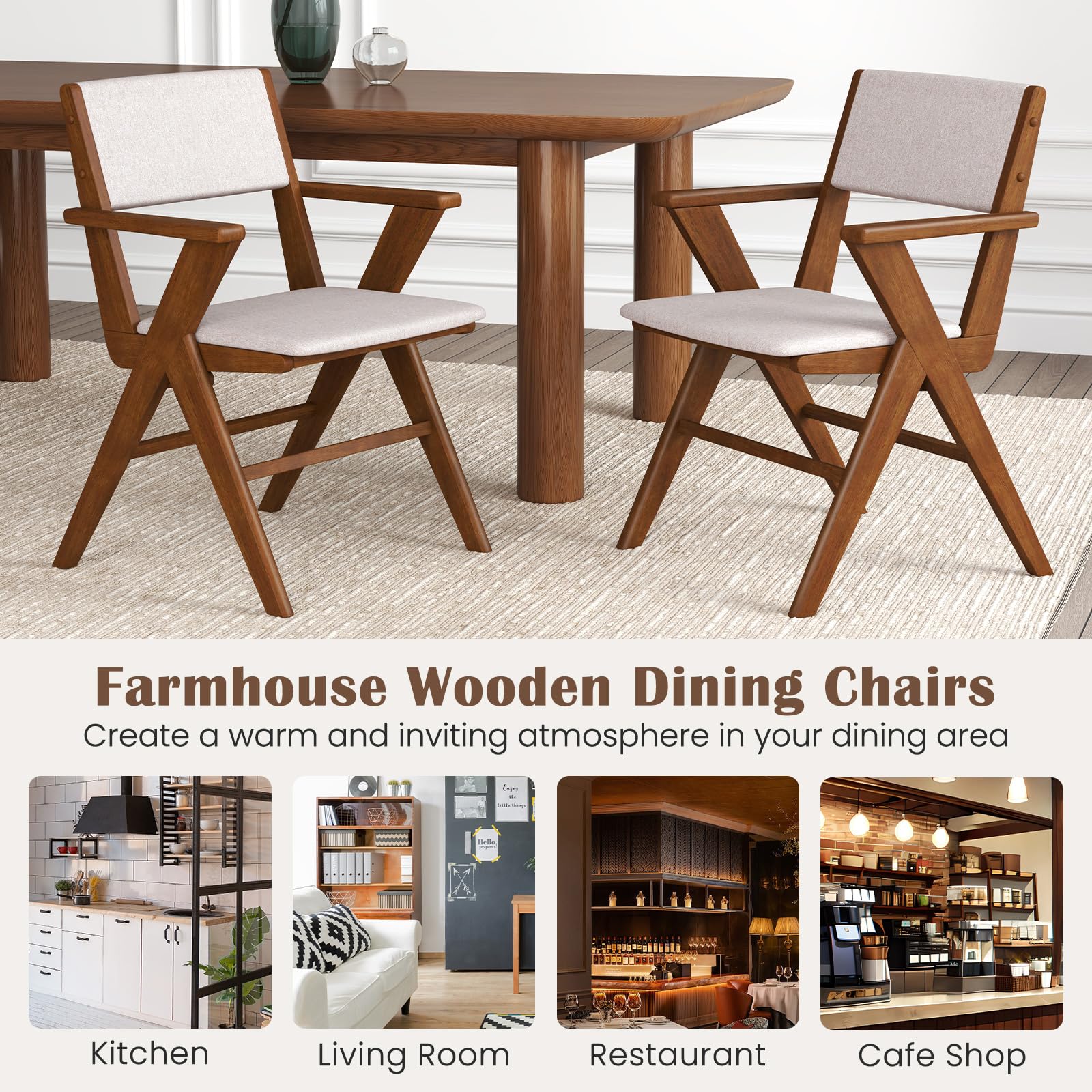 Wooden Dining Chairs Set of 2/4 w/Armrests, Rubber Wood Frame, Padded Seat & Back