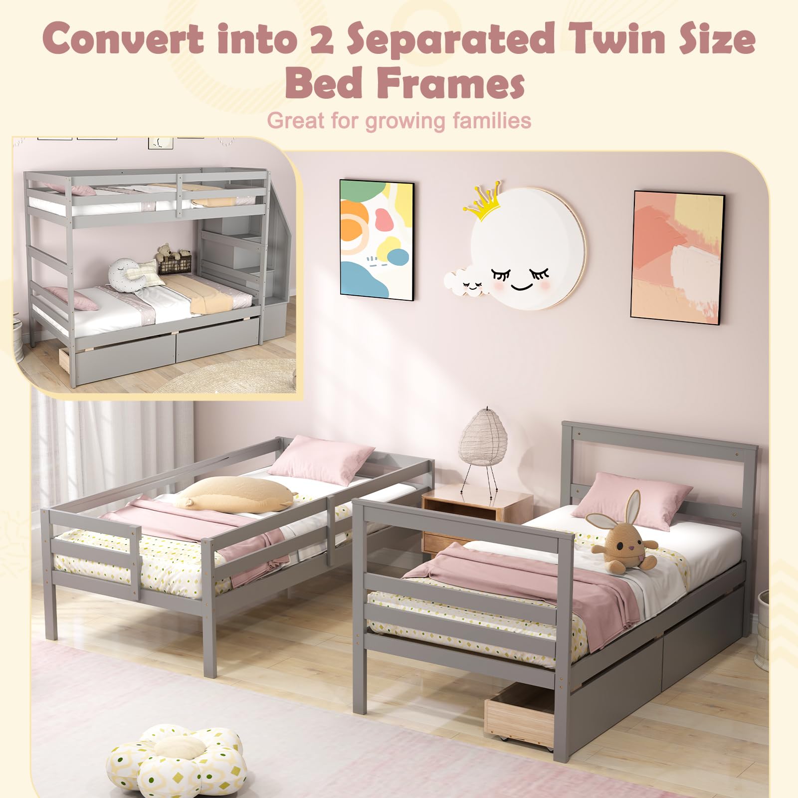 Wood Twin Over Twin Bunk Bed with 2 Storage Drawers & Stairs