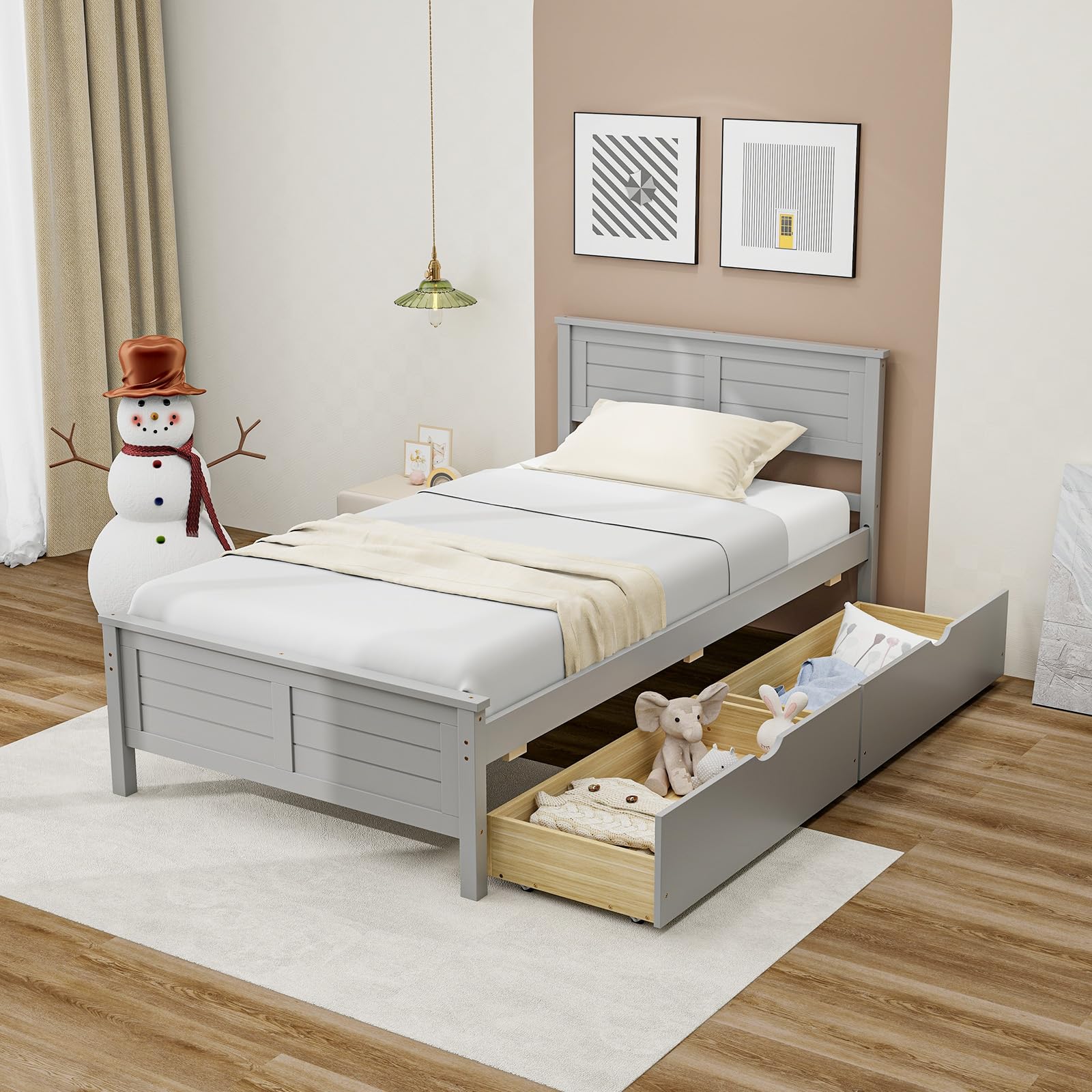 Wood Bed Frame with 2 Storage Drawers