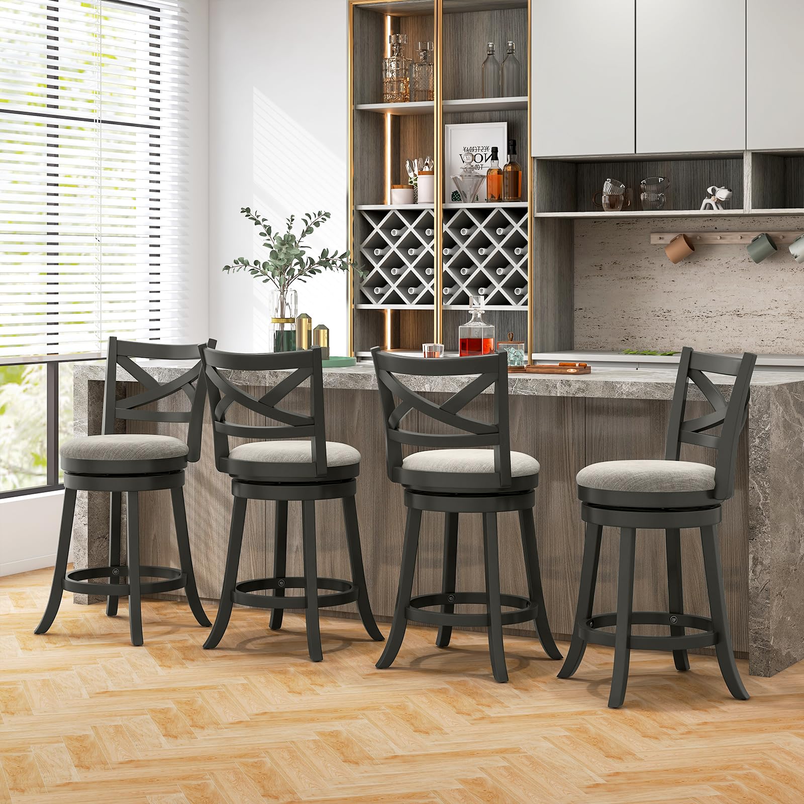 Wood Swivel Bar Stools Set of 2/4, Counter Height Swivel Chairs with Hollow Back & Soft-Padded Seat