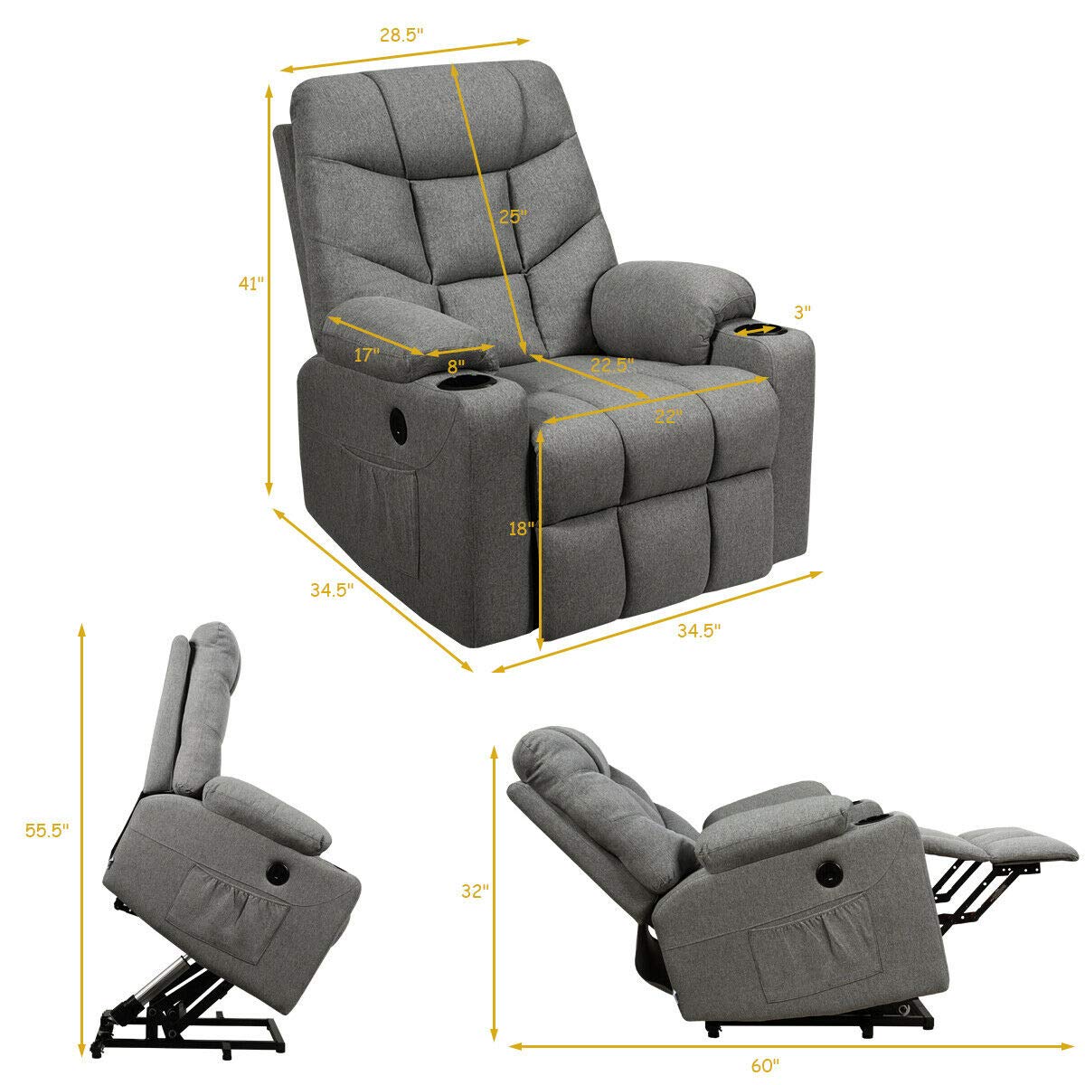 Power Lift Chair Electric Recliner Sofa for Elderly w/ 8 Point Massage & Lumbar Heat