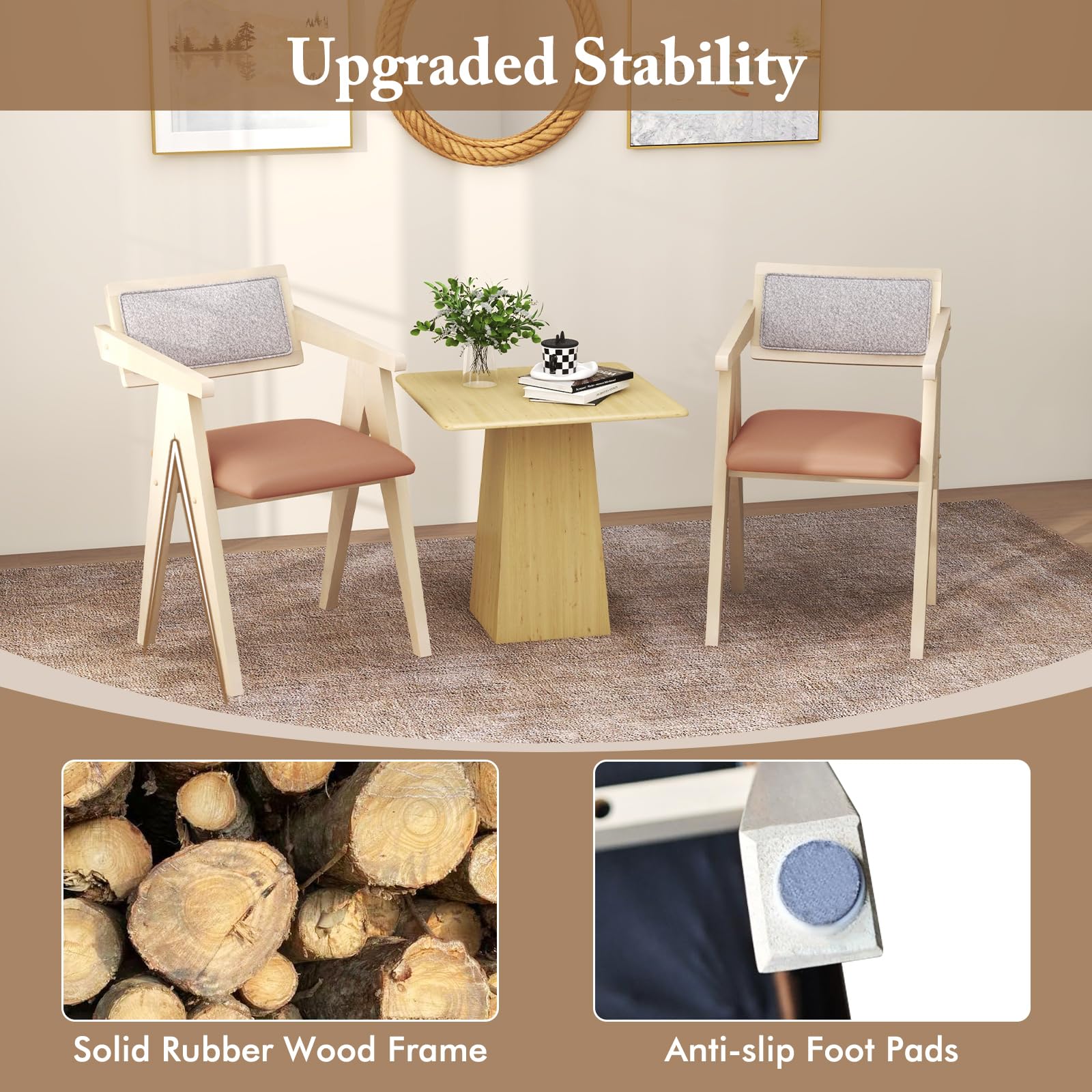 Wooden Dining Chairs Set of 2/4, Mid Century Upholstered Kitchen Chairs w/Leathaire Seat Cushions & Sherpa Backrests
