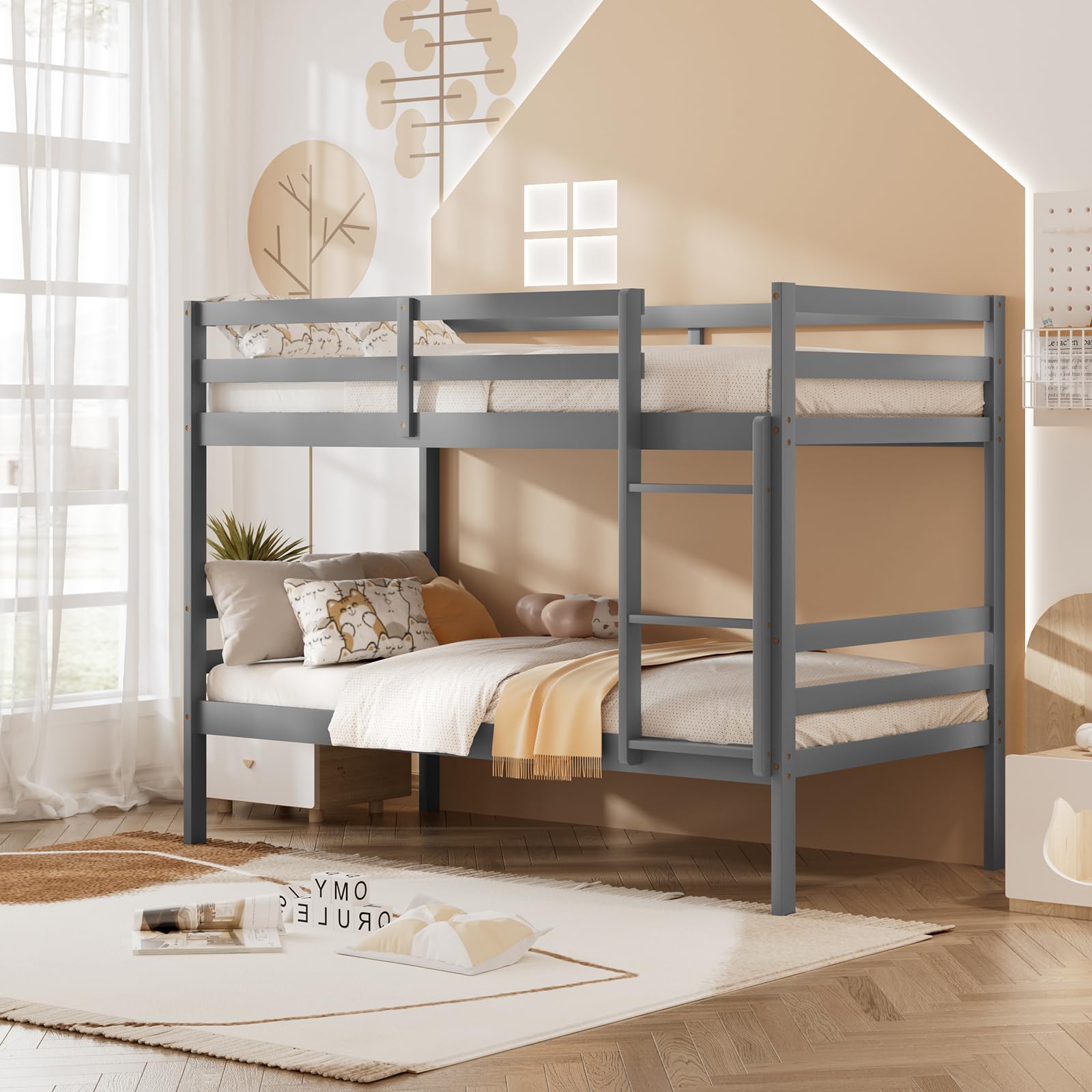 Twin Over Twin Wood Bunk Bed with Ladder & Safety Guardrail