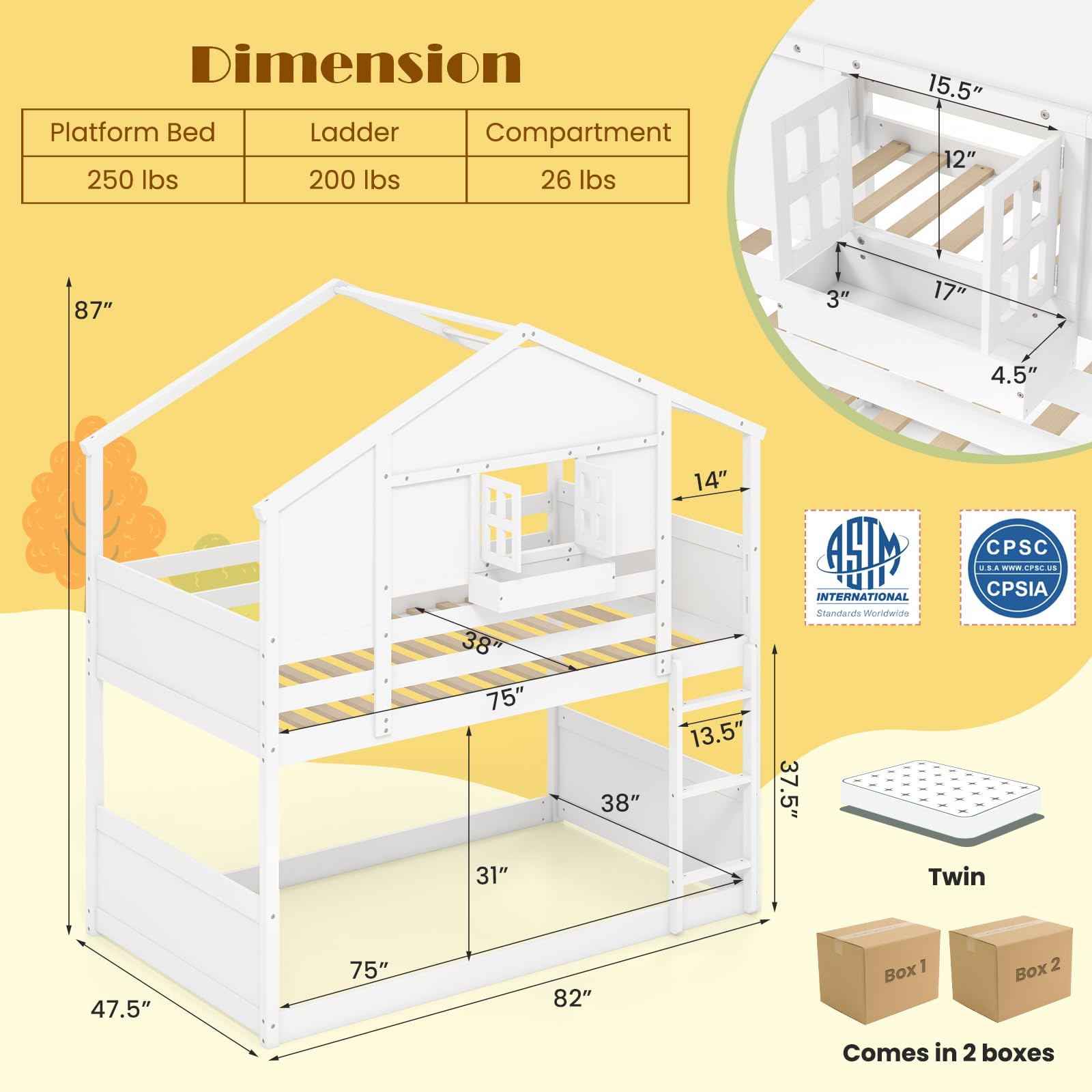 Twin Over Twin Wood House Bunk Bed for Kids with Roof, Window Door, Storage Box, Safety Guardrails, Wood Slats & Ladder