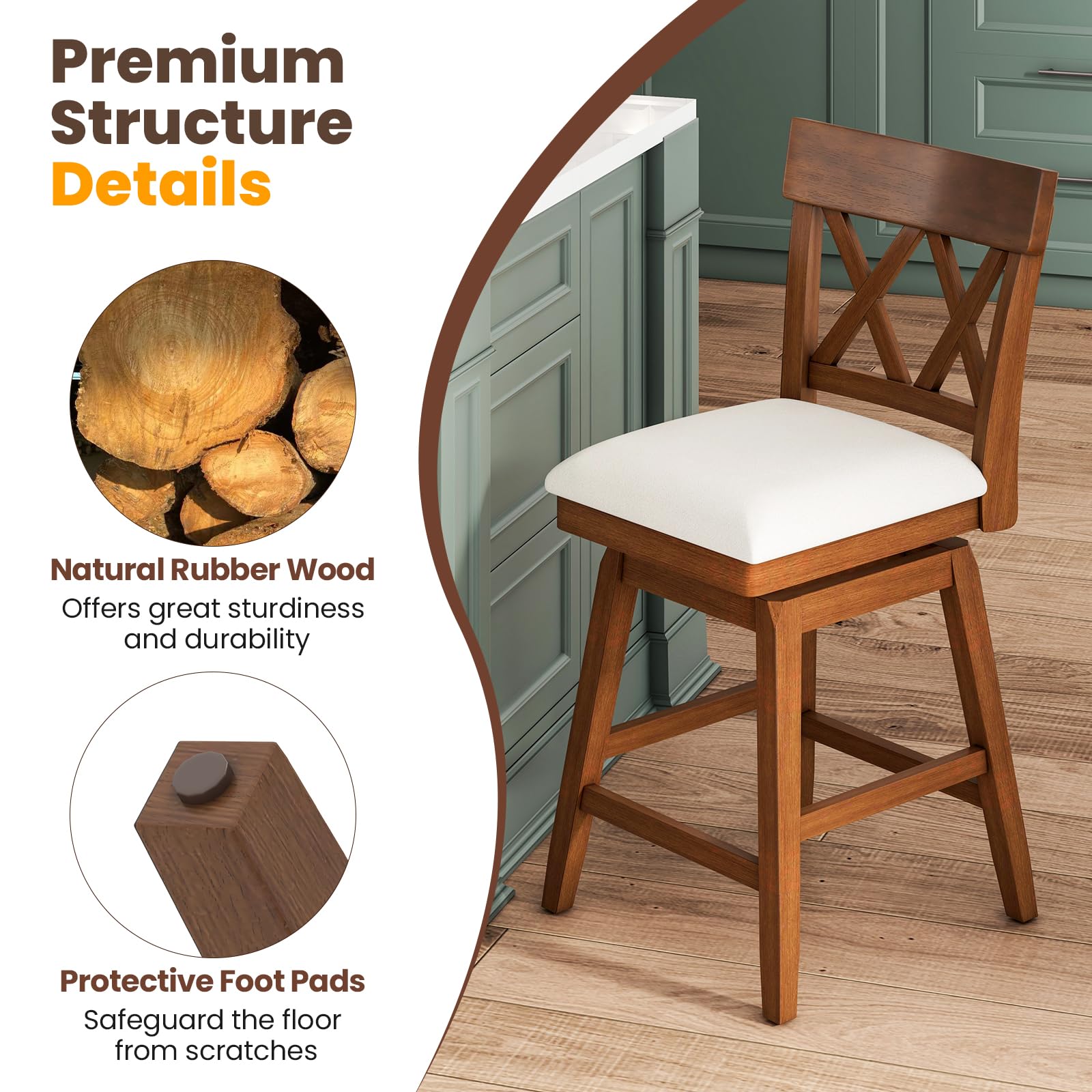 Swivel Counter Height Bar Stool with Contoured Backrest, Padded Seat & Rubber Wood Legs