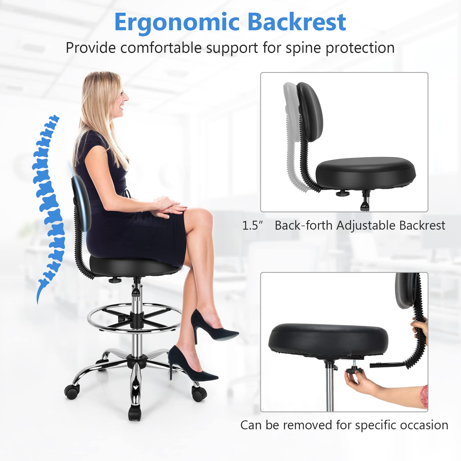 PU Leather Drafting Chair, Tall Office Chair with Retractable Mid Back, Standing Desk Chair with Adjustable Foot Ring