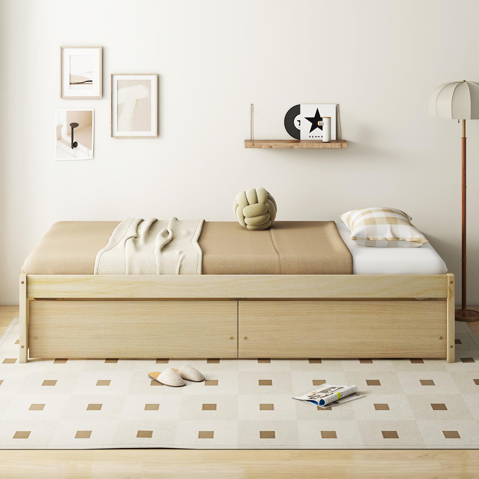 Bed Frame with 2 Storage Drawers, Solid Wood Platform Bed with Slats Support