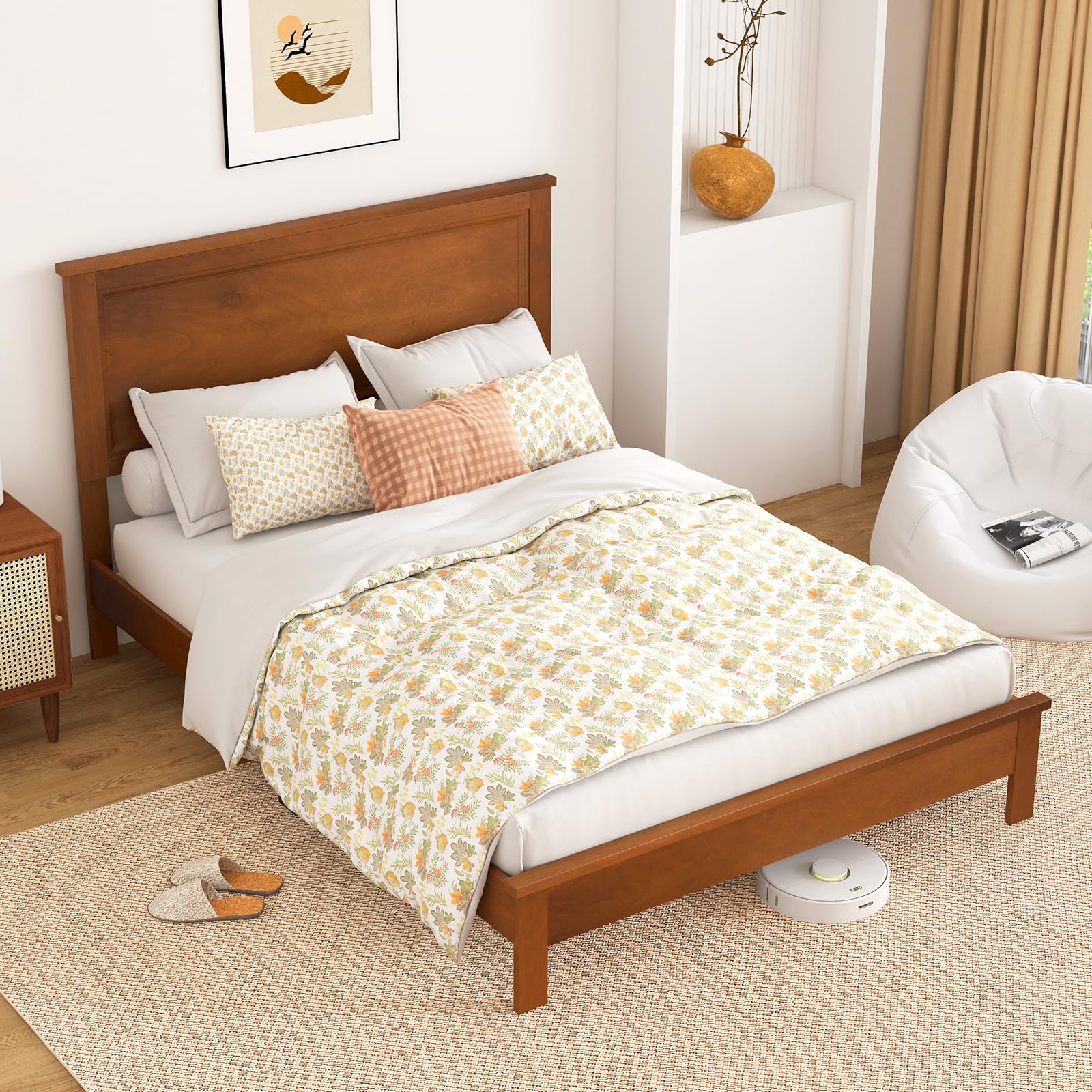 Wood Platform Bed Frame with Headboard, Mid Century Platform Bed Frame with Solid Wood Legs & Wooden Slat Support