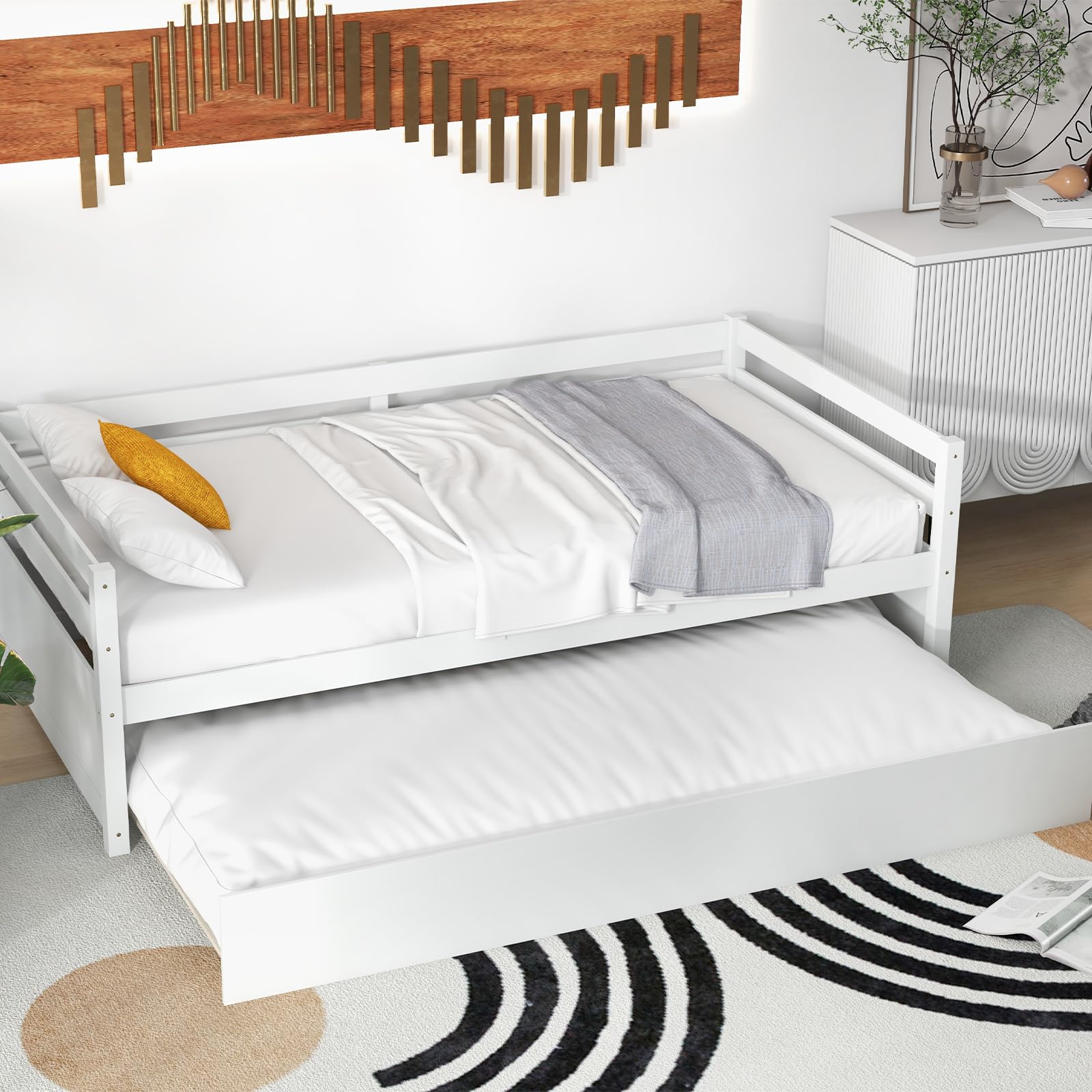 Twin Daybed with Trundle, Wood Trundle Bed with Wood Slat Support