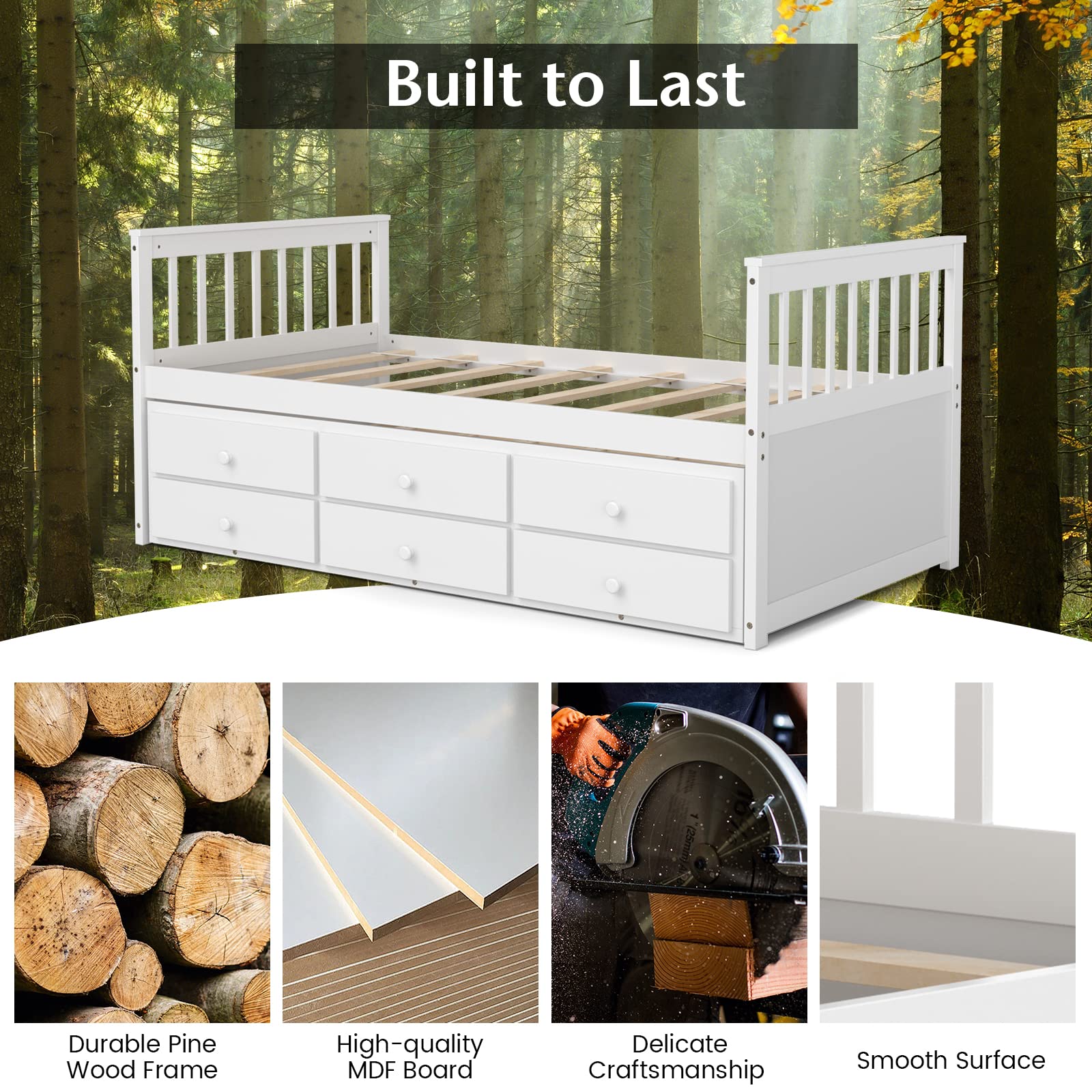 Twin Size Wooden Captain Daybed with Trundle and 3 Storage Drawers