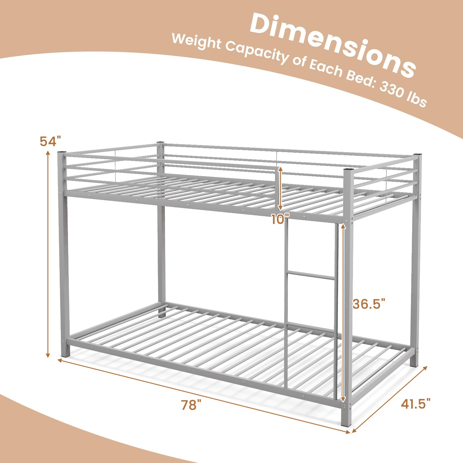 Twin Over Twin Metal Low Floor Bunk Bed with Safety Guard Rail & Ladder