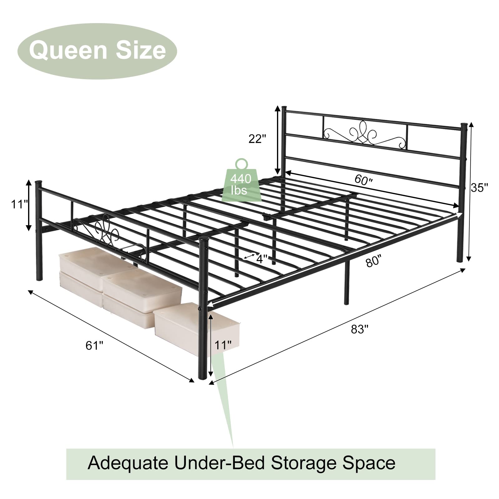 Metal Platform Bed Frame with Headboard & Footboard, Reinforced Metal Slats Supported Mattress Foundation