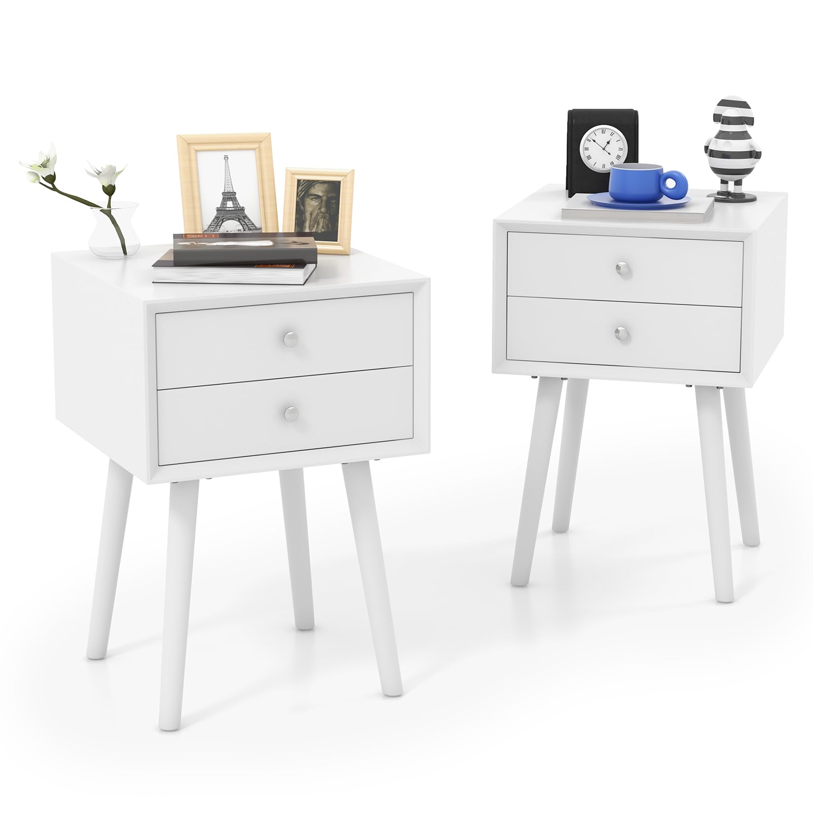 2-Drawer Nightstand, Mid-Century Modern Bed Side Table with Storage