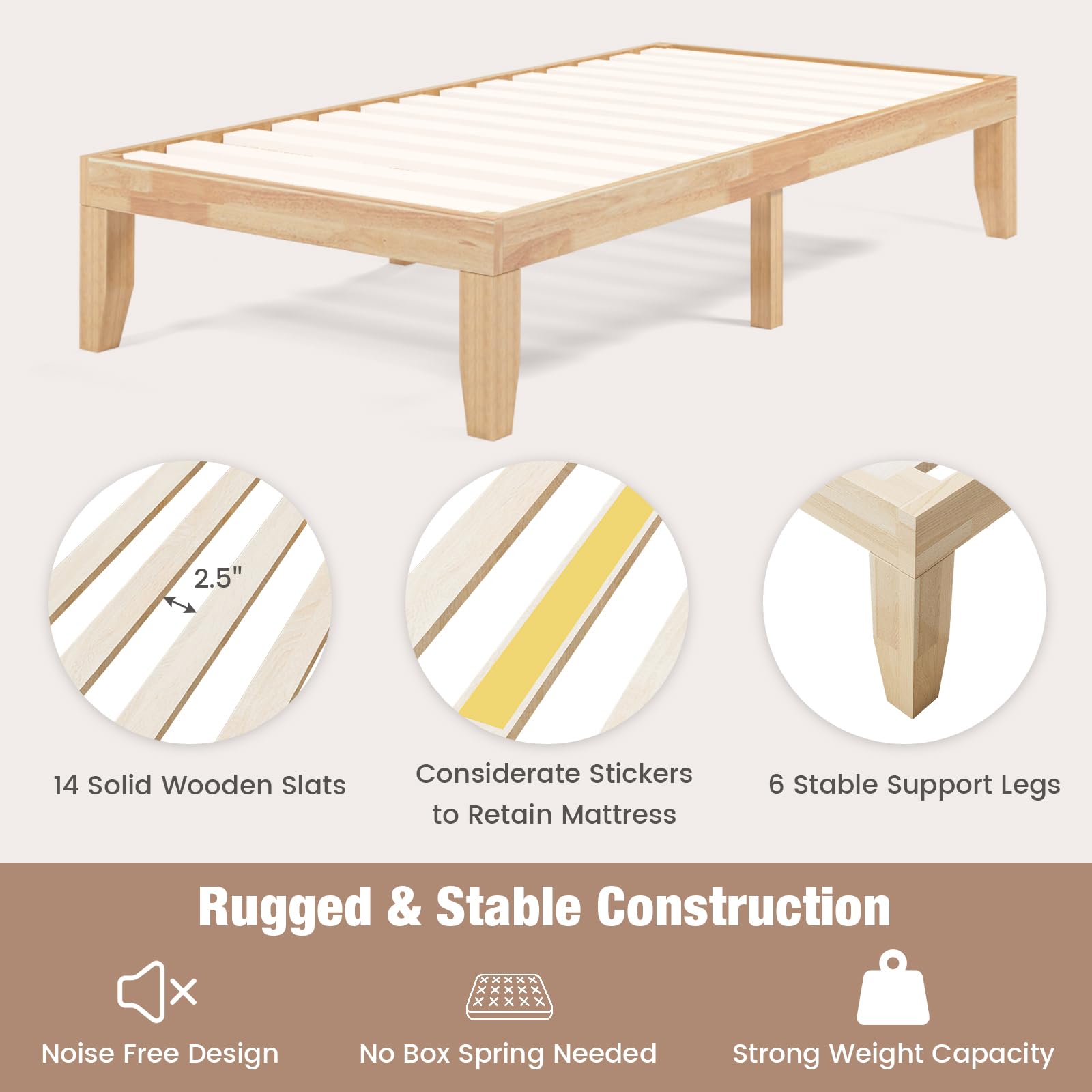 14 Inches Wood Platform Bed Frame, Solid Wood Mattress Foundation with Rubber Wood Frame