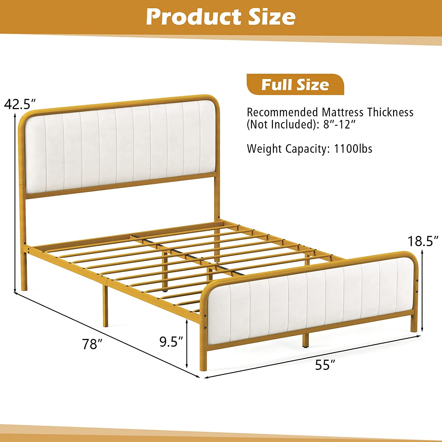 Gold Metal Bed Frame, Heavy-Duty Metal Mattress Foundation with Velvet Headboard and Footboard