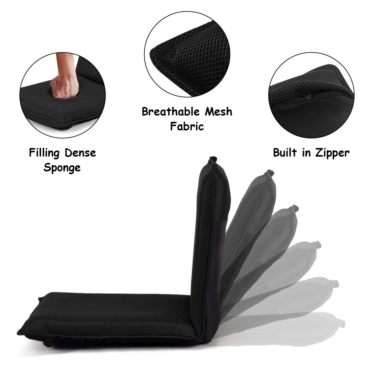 Adjustable Mesh Floor Sofa Chair, 6-Position Multi-Angle Padded Floor Chair for Gaming Reading Meditation