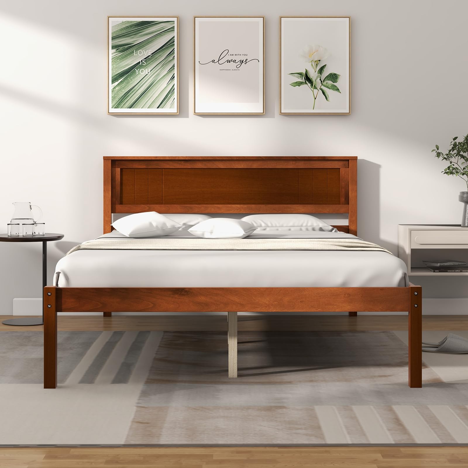 Wooden Platform Bed Frame with Headboard & Wood Slat Support