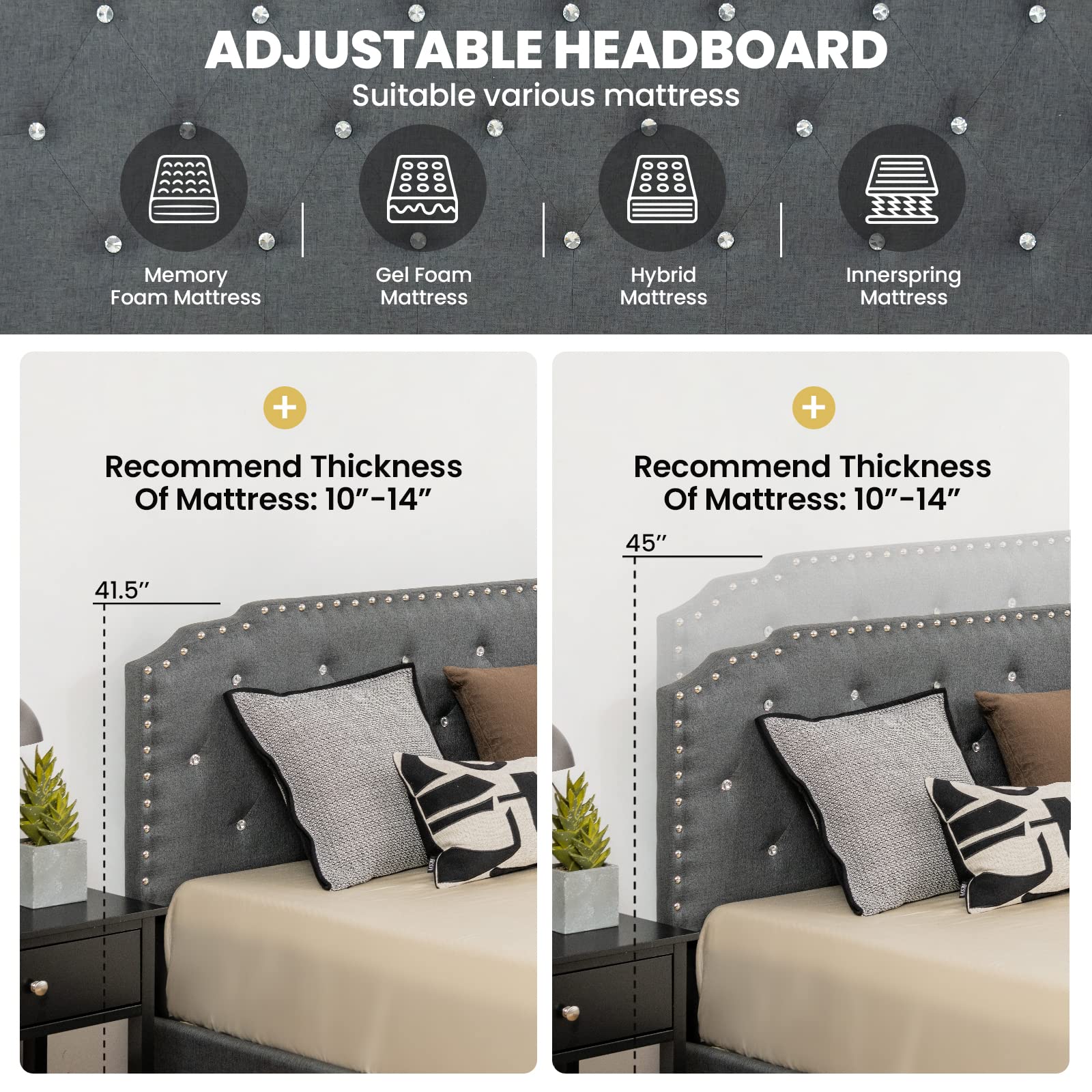Upholstered Bed Frame with Adjustable Diamond Button Headboard