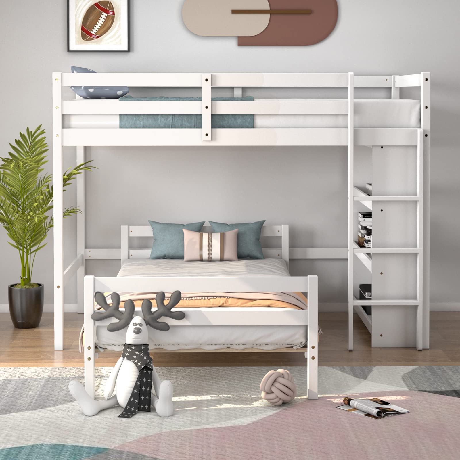 Twin Over Twin Bunk Bed, Convertible Wooden Loft Bed with 3-Tier Bookcase, Can be Separated into 2 Beds
