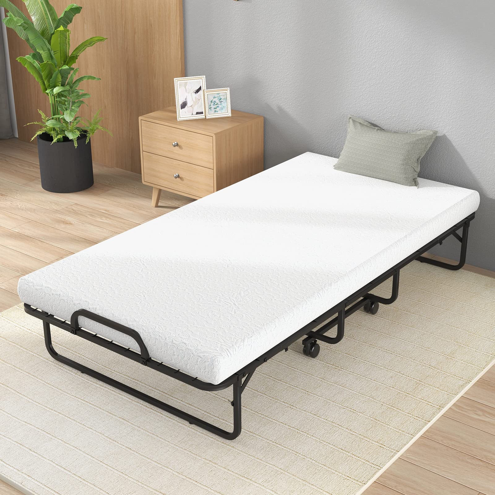 Folding Rollaway Bed with 4" Mattress, Twin Size Portable Bed with Rolling Casters