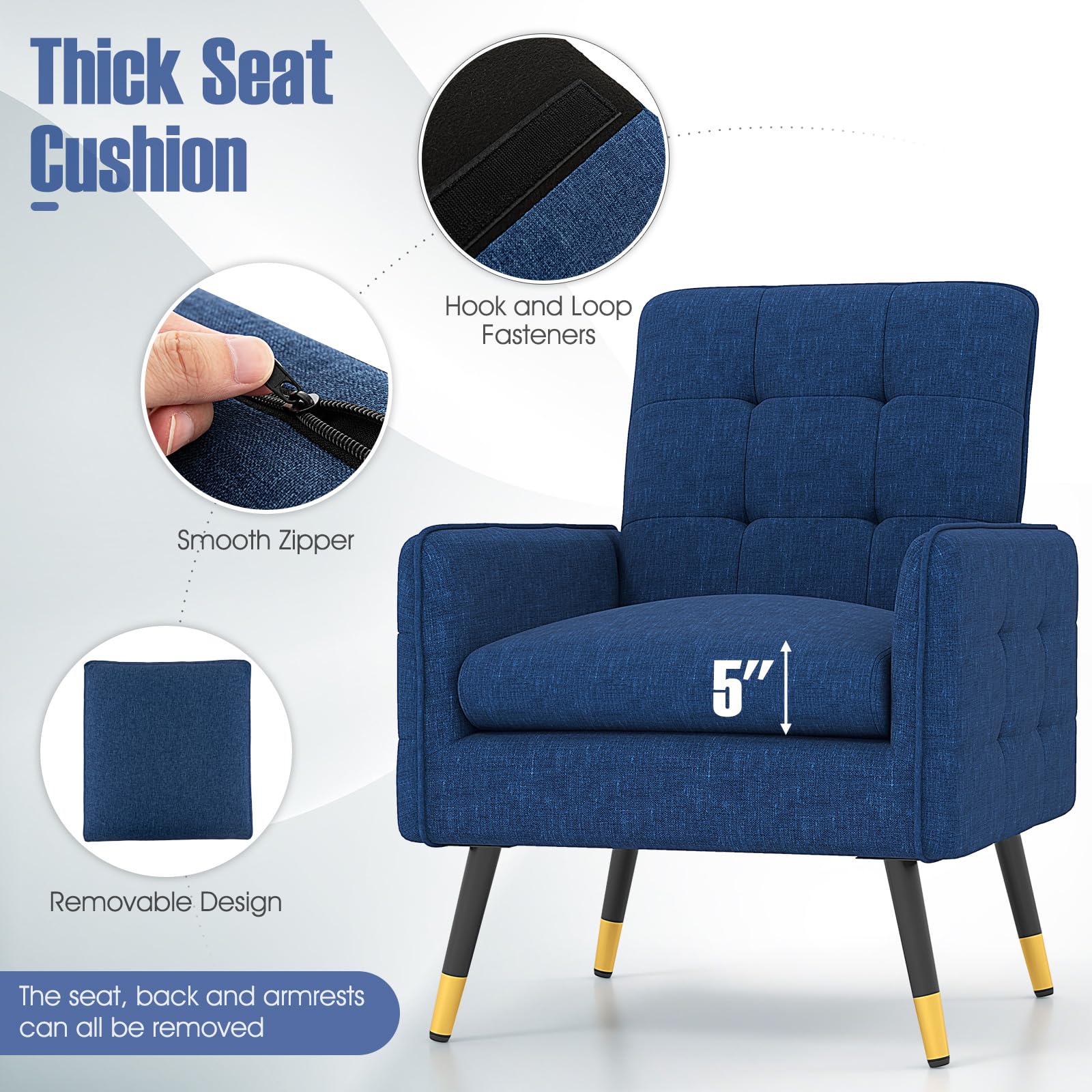 Modern Accent Chair, Upholstered Armchair Single Sofa Chair with Metal Legs & Adjustable Foot Pads
