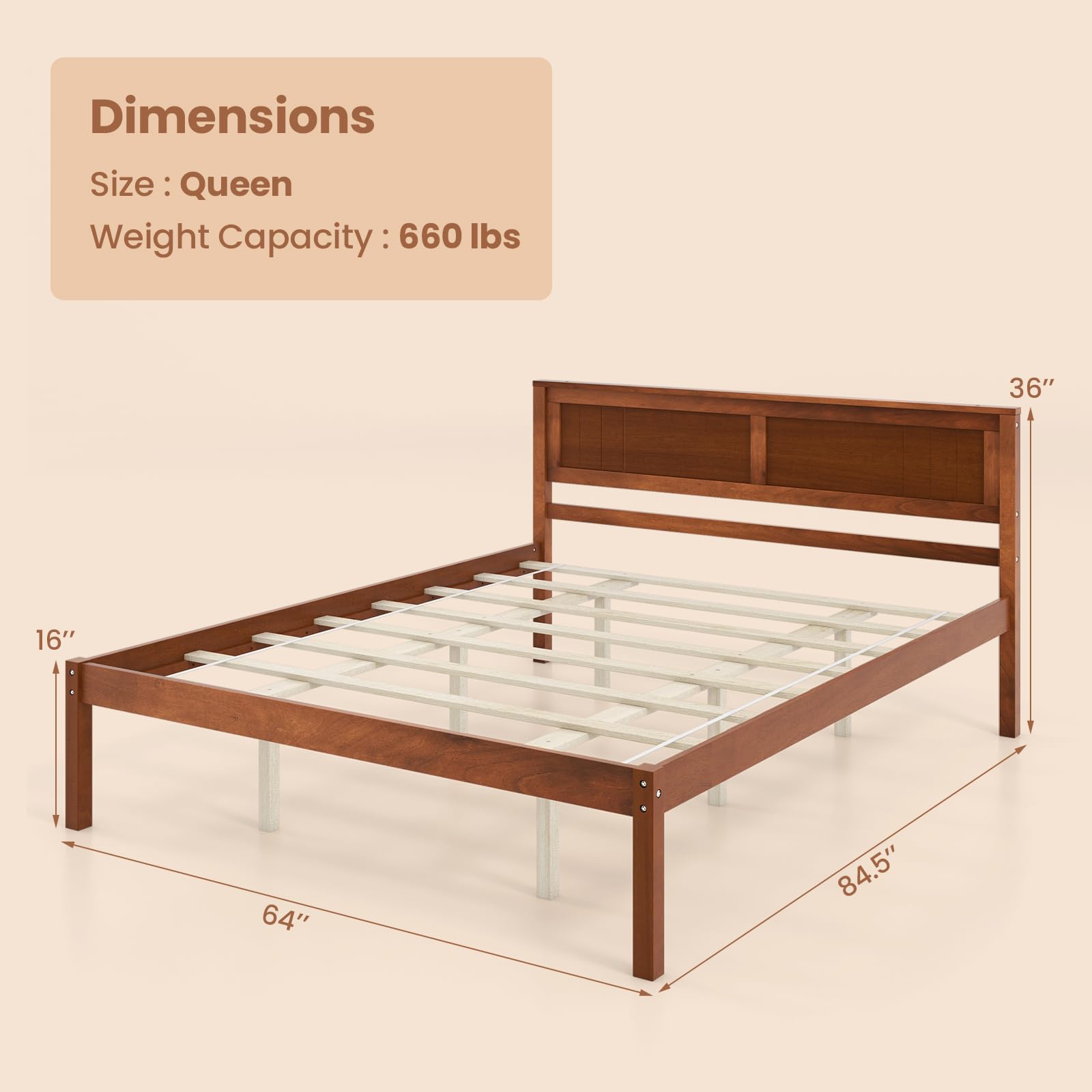 Wooden Platform Bed Frame with Headboard & Wood Slat Support