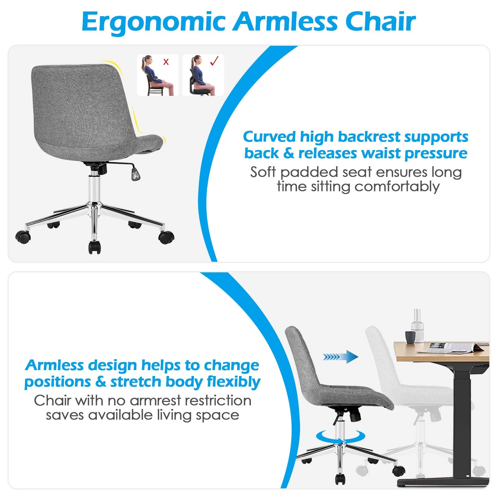 Modern Home Office Chair, Fabric Armless Leisure Chair w/Stable Metal Base and Rocking Function