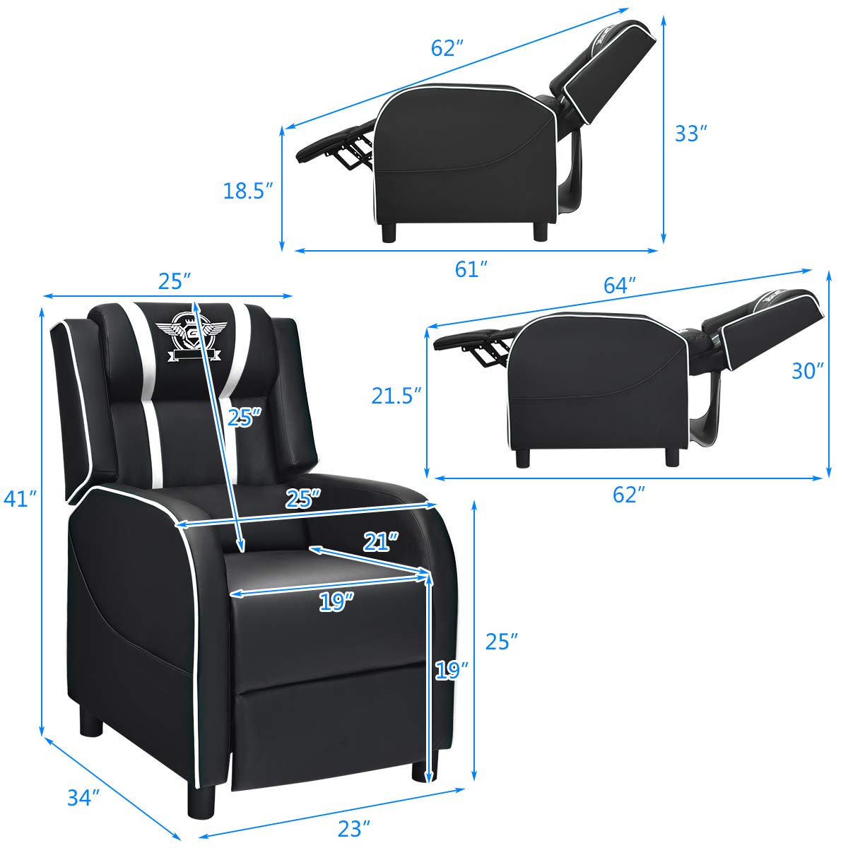 Adjustable Massage Gaming Chairs for Adults w/Footrest, Remote Control & Side Pocket