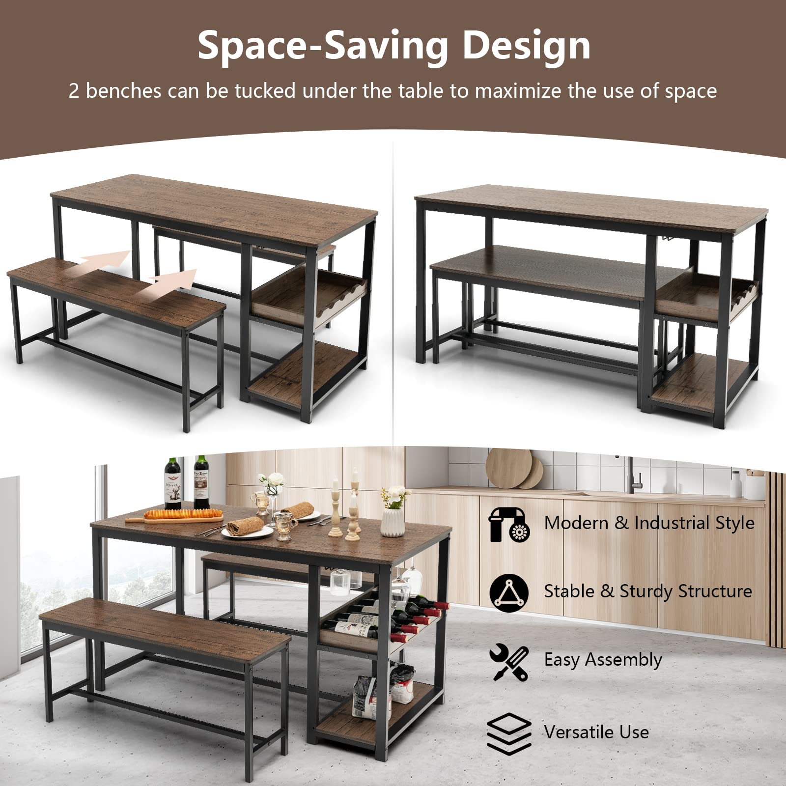 Dining Table Set for 4, 3-Piece 55" L Kitchen Table Set w/ 2 Benches, Breakfast Table w/ 5-Bottle Wine Rack & Glass Holder