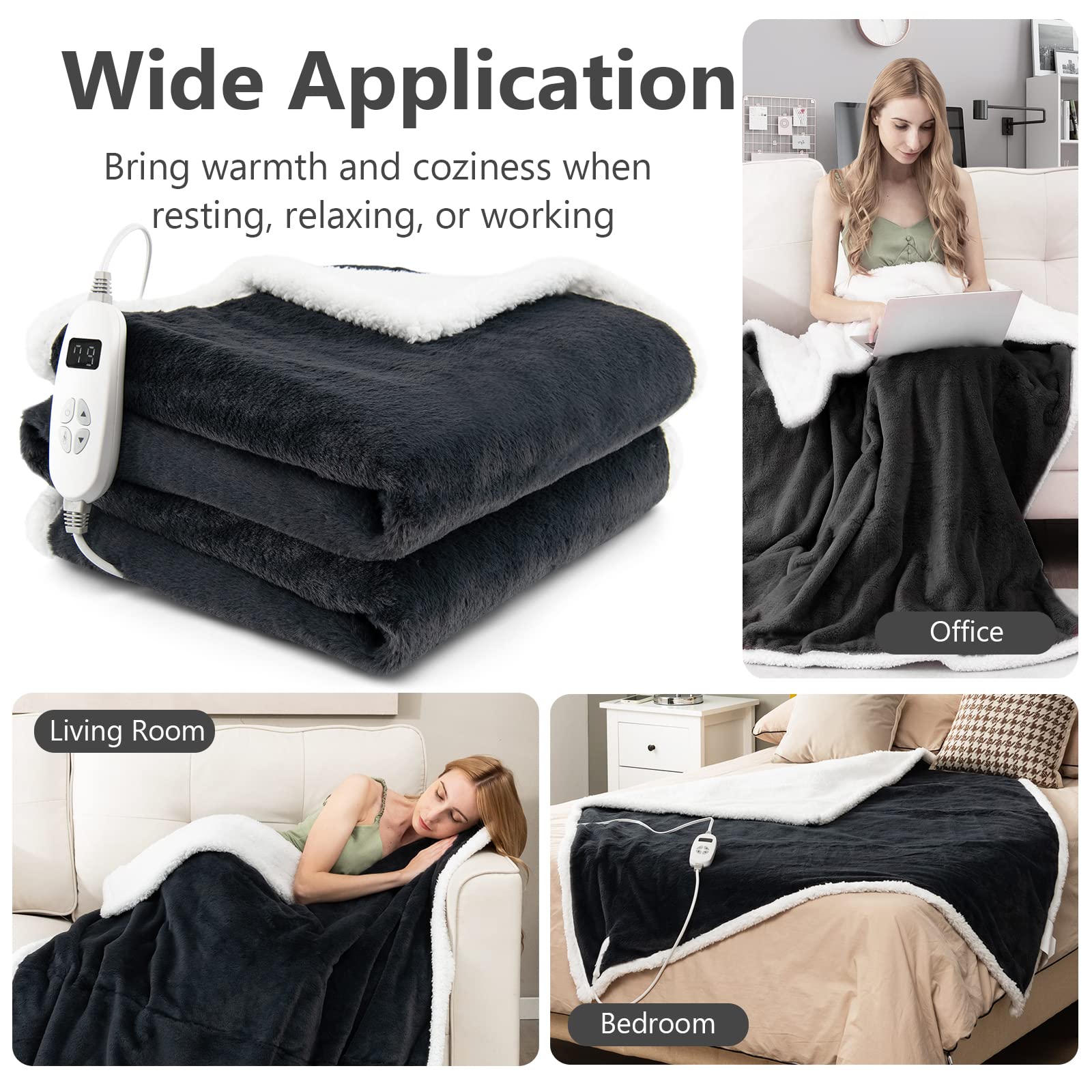 Heated Throw Blanket, Reversible Sherpa & Faux Rabbit Fur Heating Blanket w/ 10 Heat Levels, 9H Timer Auto Off, Machine Washable Blanket Warmer