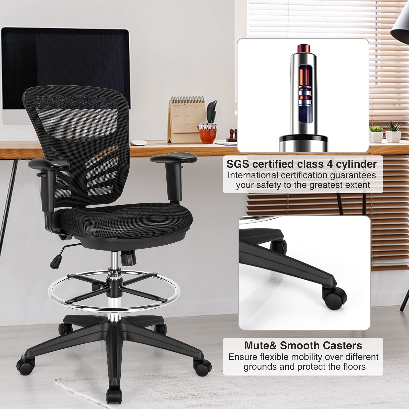 Drafting Chair, Standing Desk Chair with Lumbar Support, Footrest Ring & Armrests