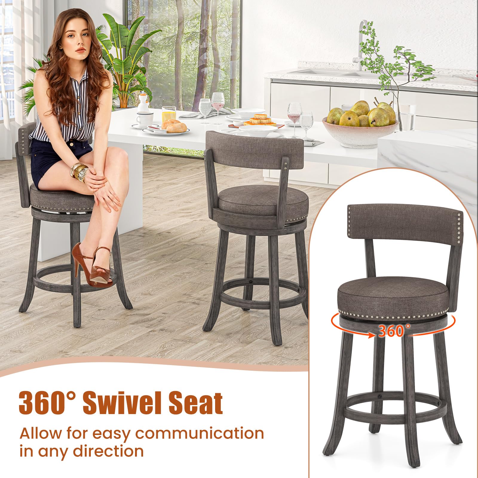 Swivel Counter Height Bar Stools Set of 2/4 with Footrest, Rubber Wood Frame