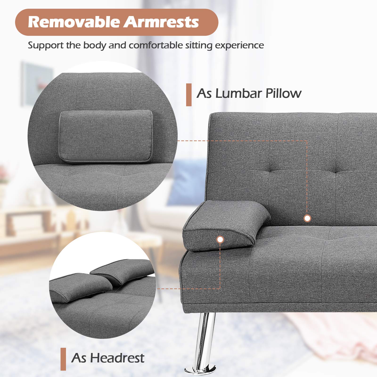 Convertible Futon Sofa Bed with Adjustable Backrest & Removable Armrests, 2 Cup Holders