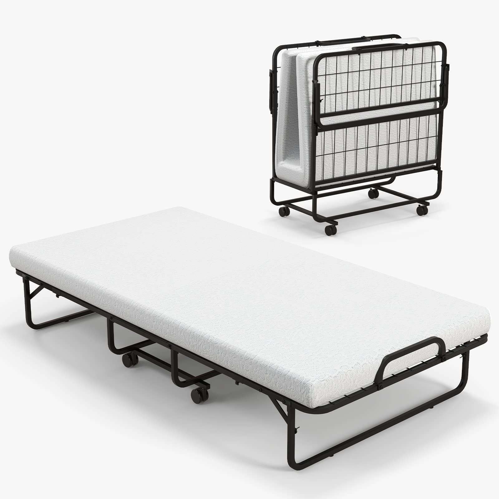 Folding Rollaway Bed with 4" Mattress, Twin Size Portable Bed with Rolling Casters