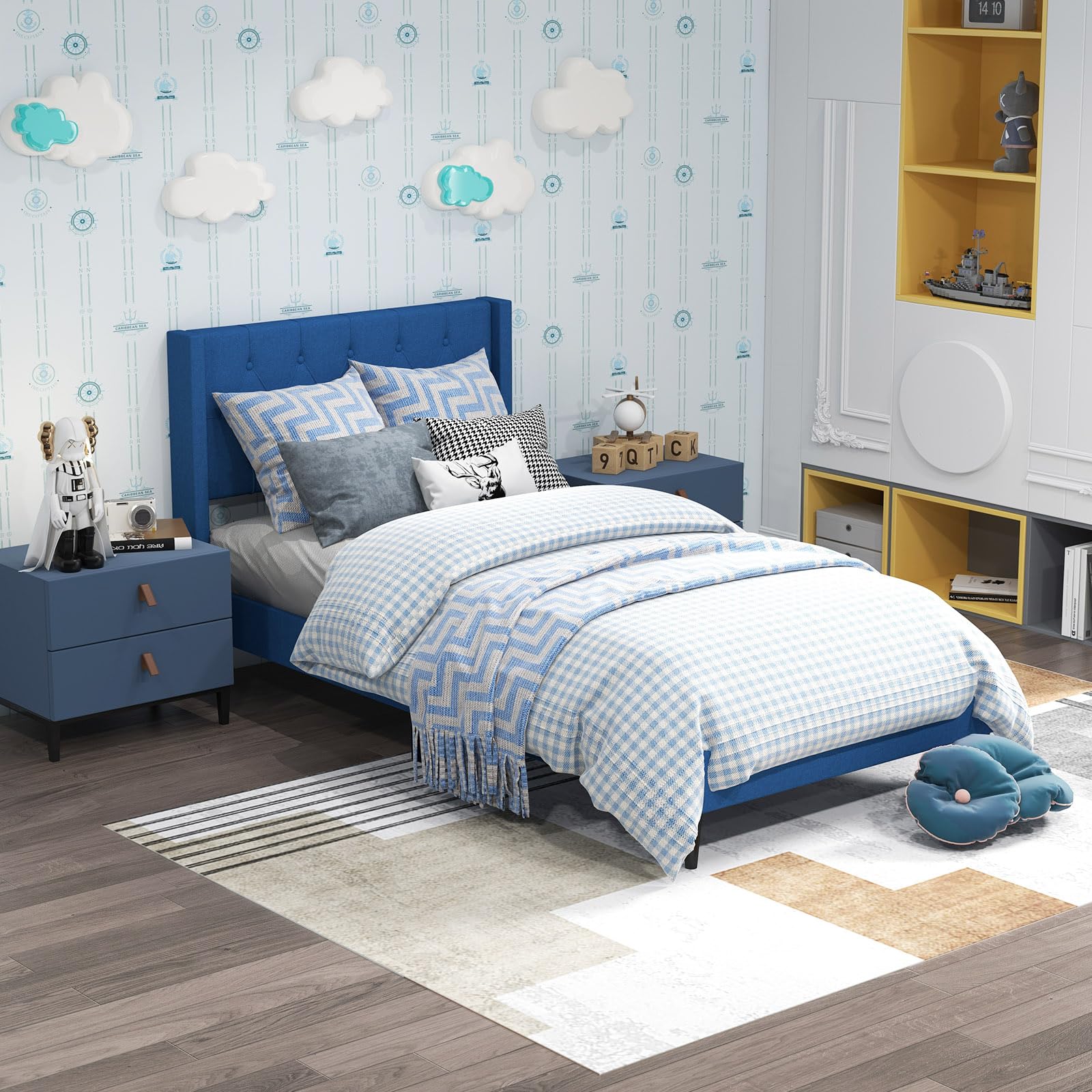Upholstered Platform Bed with Button Tufted Wingback Headboard