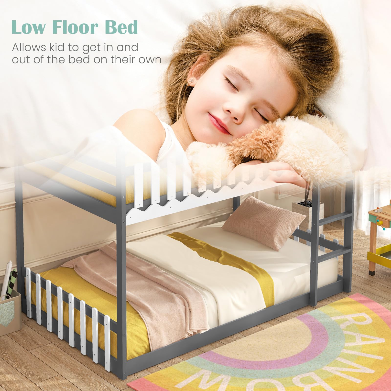 Wood Twin Over Twin House Bunk Bed, Solid Wood Low Bunk Bed with Ladder, Safety Guardrails & Fences