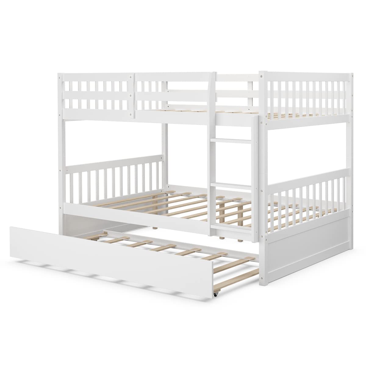 Full Over Full Wood Bunk Bed with Trundle, Ladder, Solid Wood Frame & Safety Guardrails