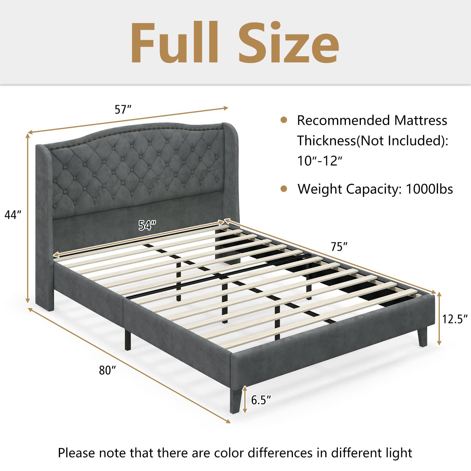Full/Queen Size Velvet Upholstered Platform Bed Frame with Button Tufted Headboard