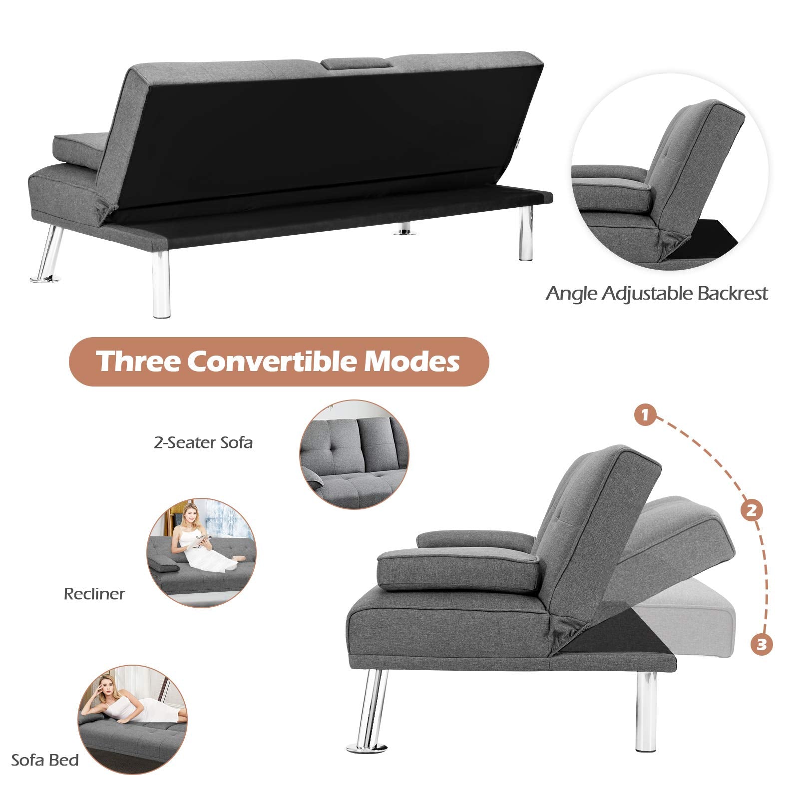 Convertible Futon Sofa Bed with Adjustable Backrest & Removable Armrests, 2 Cup Holders