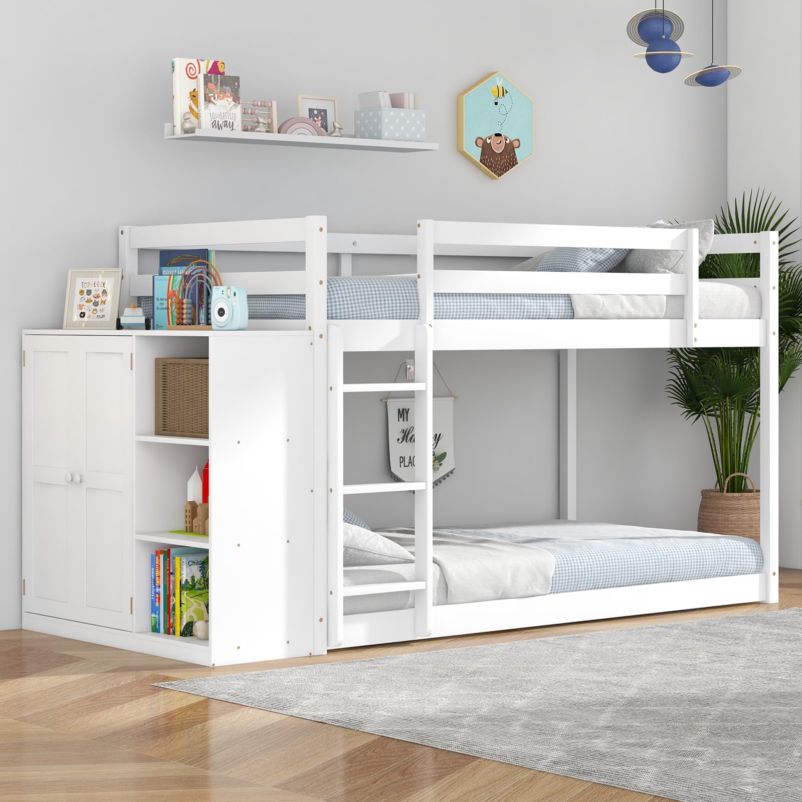 Twin Over Twin Bunk Bed with Storage Cabinet & Shelves, Convertible Bookcase