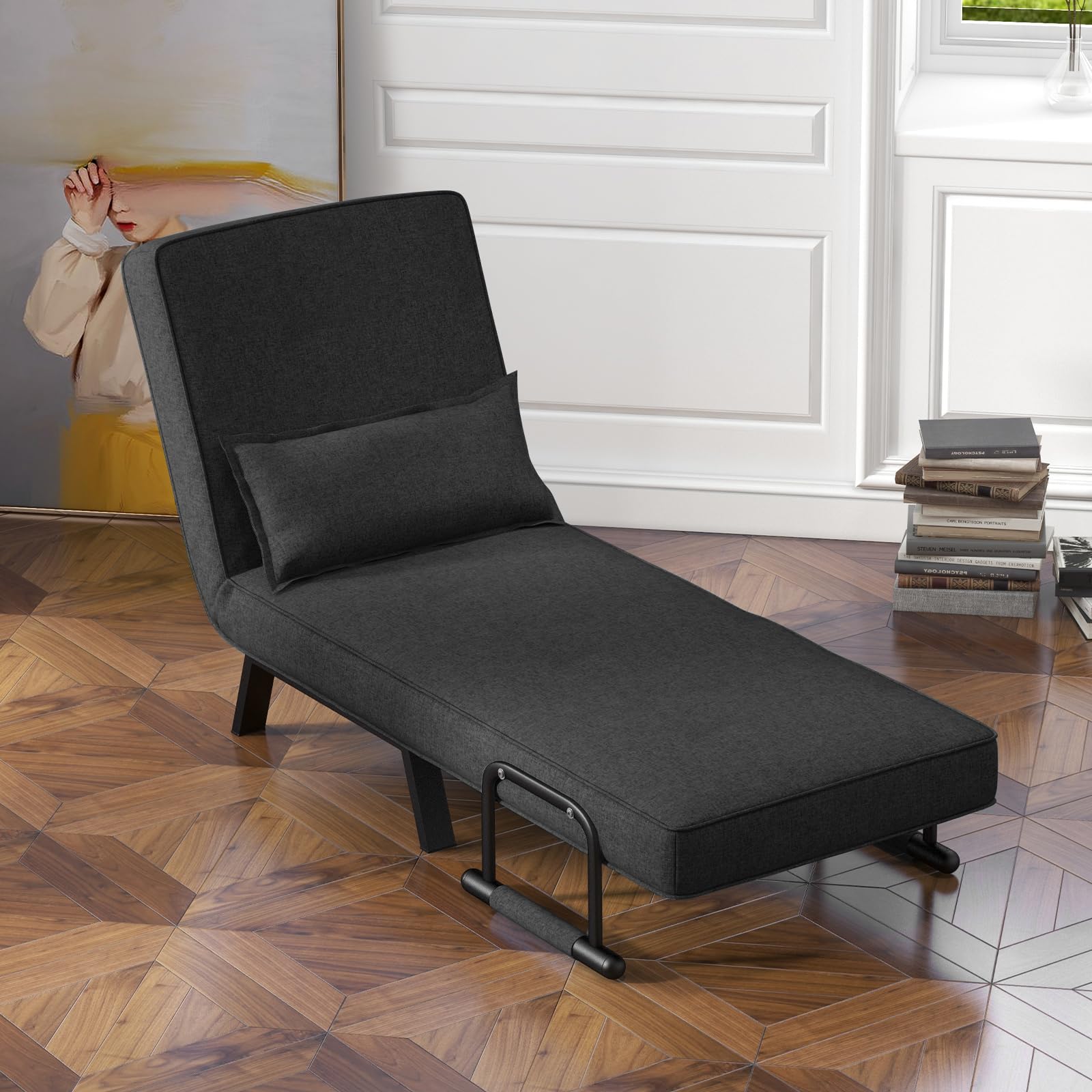 Convertible Upholstered Sleeper Chair Bed with Pillow, 4-in-1 Folding Sofa Bed with 6-Position Adjustable Backrest