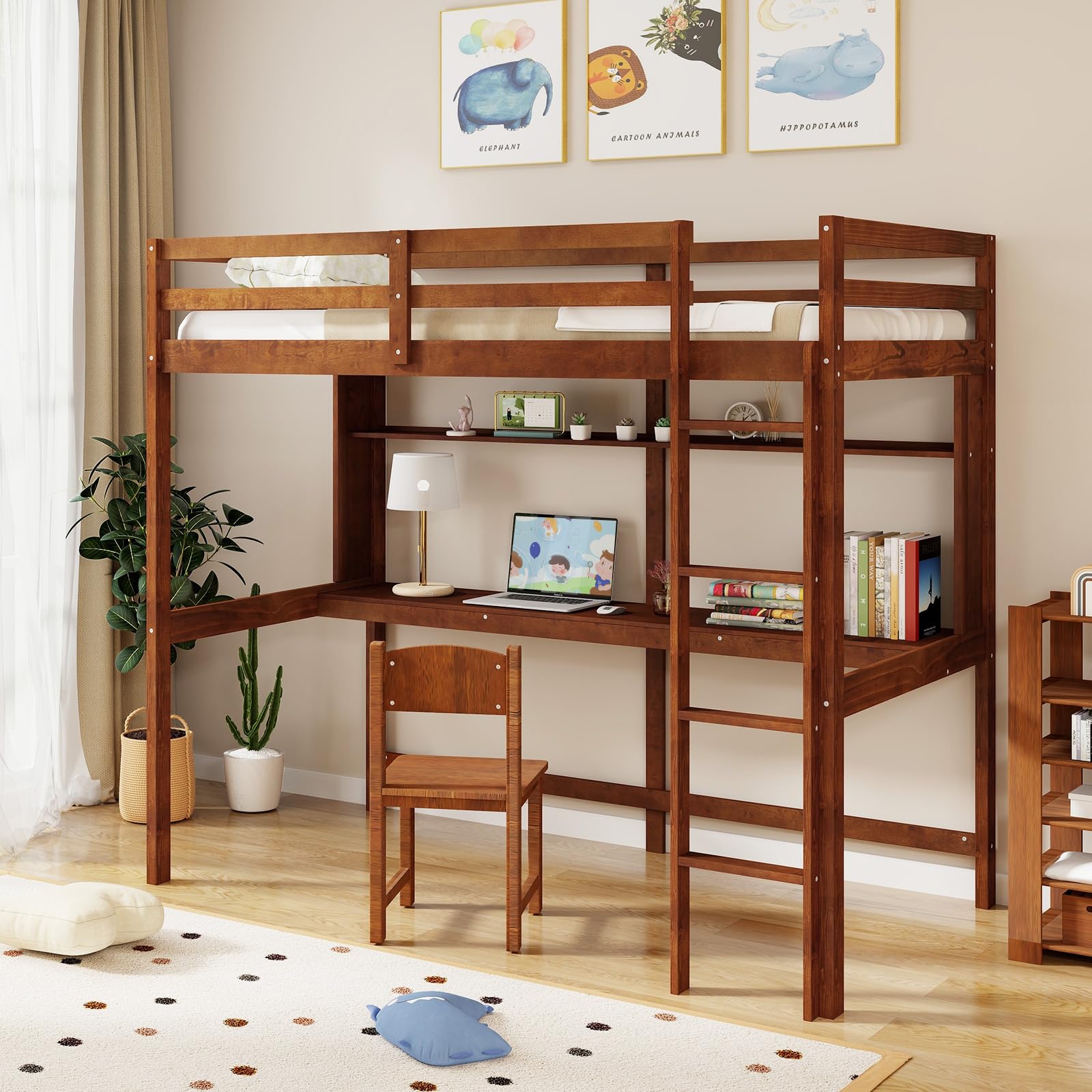 Twin Size Loft Bed with Desk, Bookshelf, Full Length Safety Guardrail & Ladder