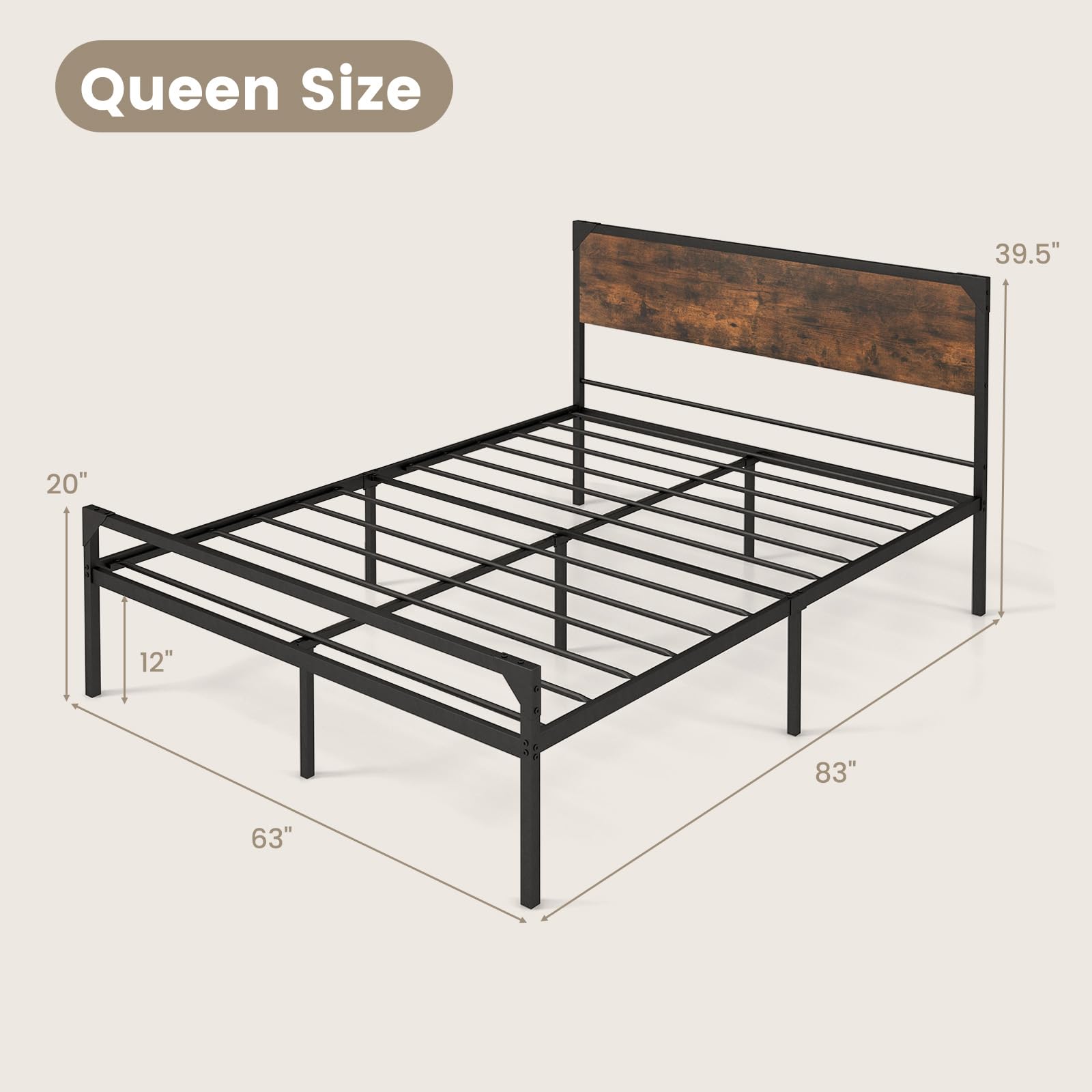 Full/ Queen Size Metal Bed Frame with Wood Headboard