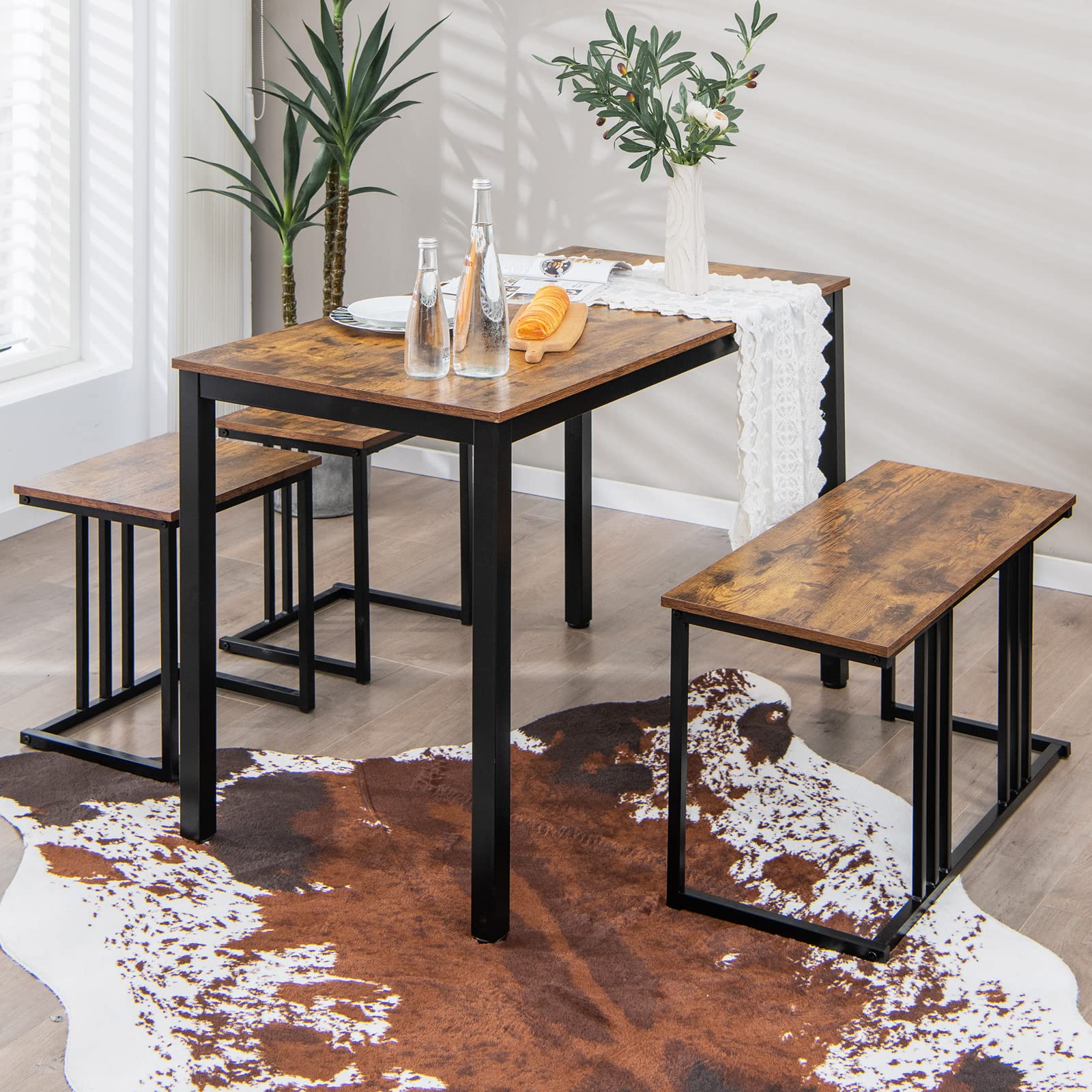 4 Piece Dining Table Set for 4 with Bench & 2 Stools, Space-Saving Desk Set
