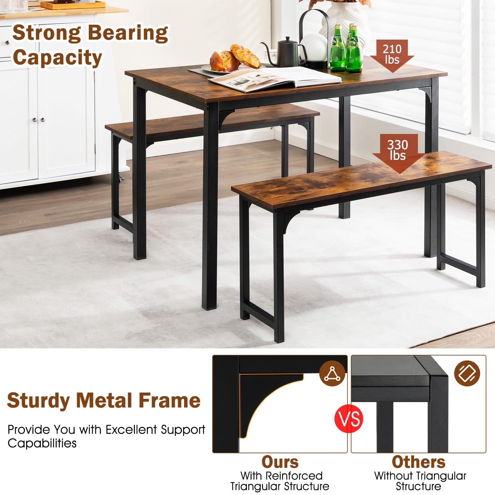 Dining Table Set for 4, 3-Piece Kitchen Table with 2 Benches