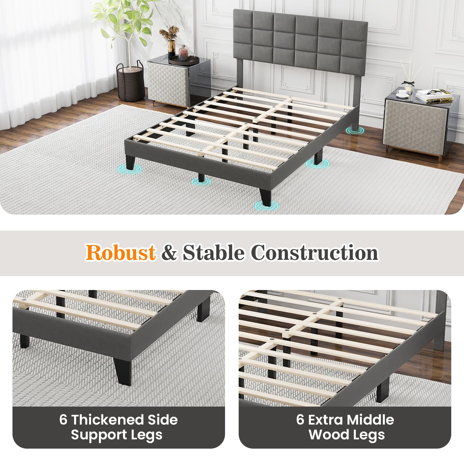 Linen Fabric Upholstered Bed Frame with Adjustable Headboard & Wooden Slat Support